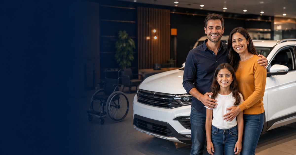 Foto de família feliz recebendo as chaves de um carro 0km em concessionária
